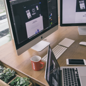 Organized office space with clean desk and shelves