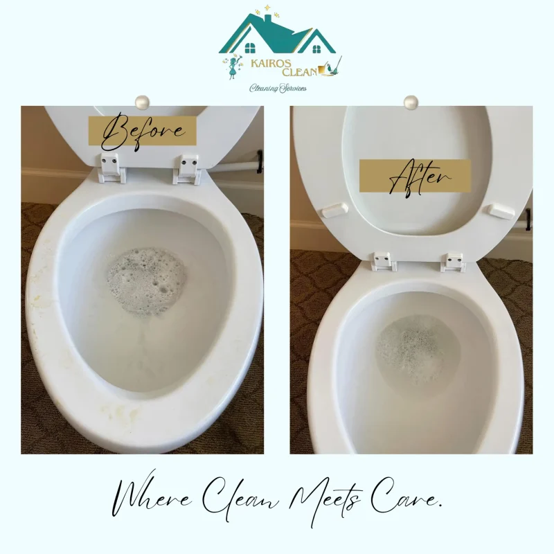 Before and after image of a dirty toilet professionally cleaned by Kairos Clean. The “before” shows visible stains and grime; the “after” shows a spotless, sanitized bowl.