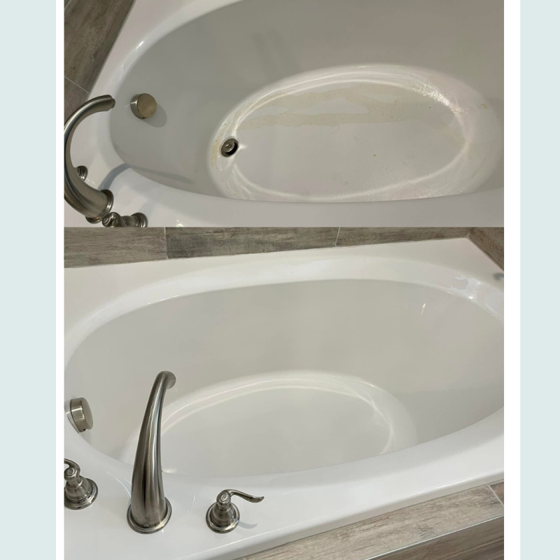 Before and after image of a bathtub/shower area deep cleaned by Kairos Clean, showing grime removed and surfaces restored to shine.