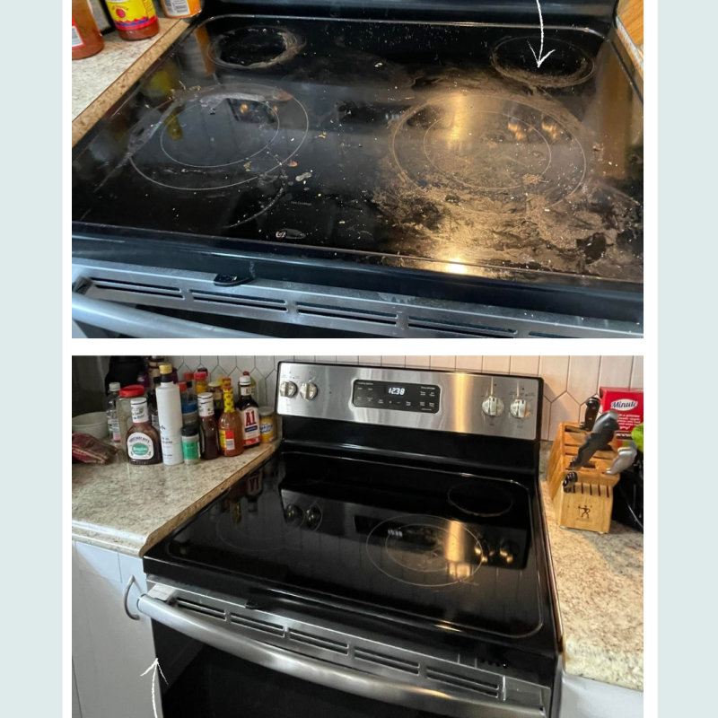 Before and after image of a dirty kitchen transformed into a spotless and organized space by Kairos Clean.