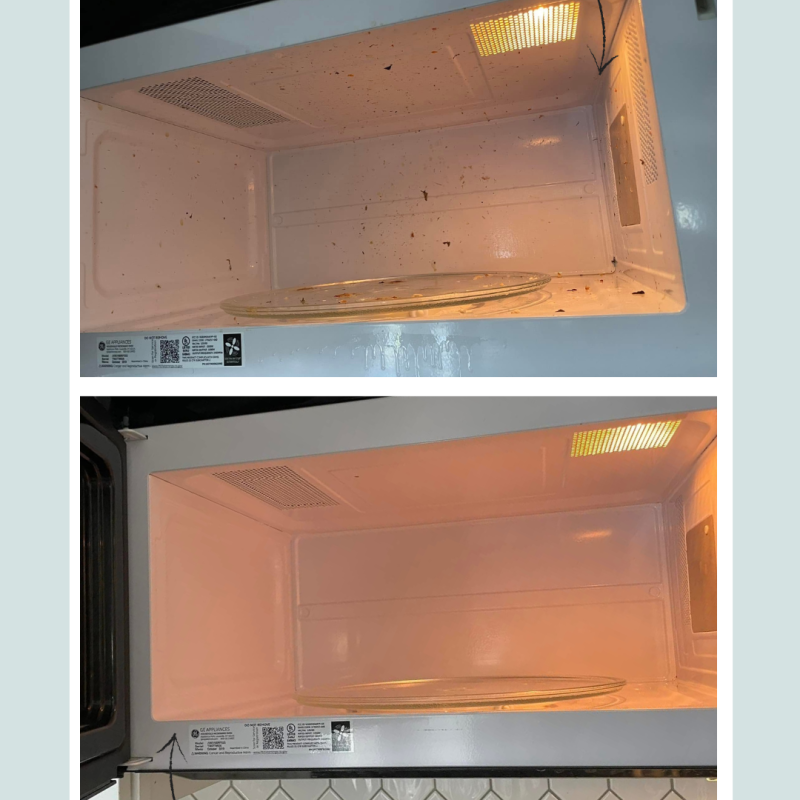 Side-by-side image of a microwave before and after deep cleaning by Kairos Clean.