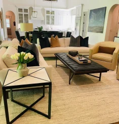 Modern, clean living room with organized furniture